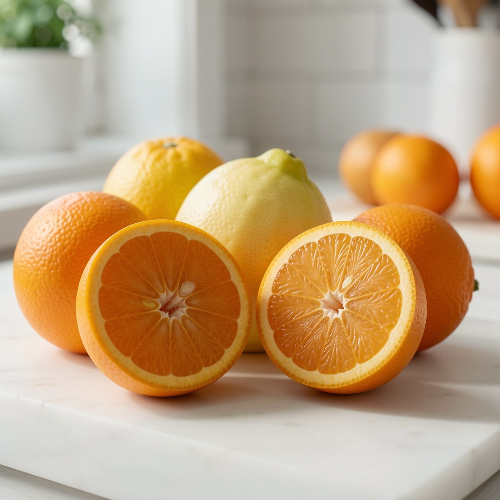Oranges, citrons et pamplemousses coupés en deux sur un plan de travail lumineux
