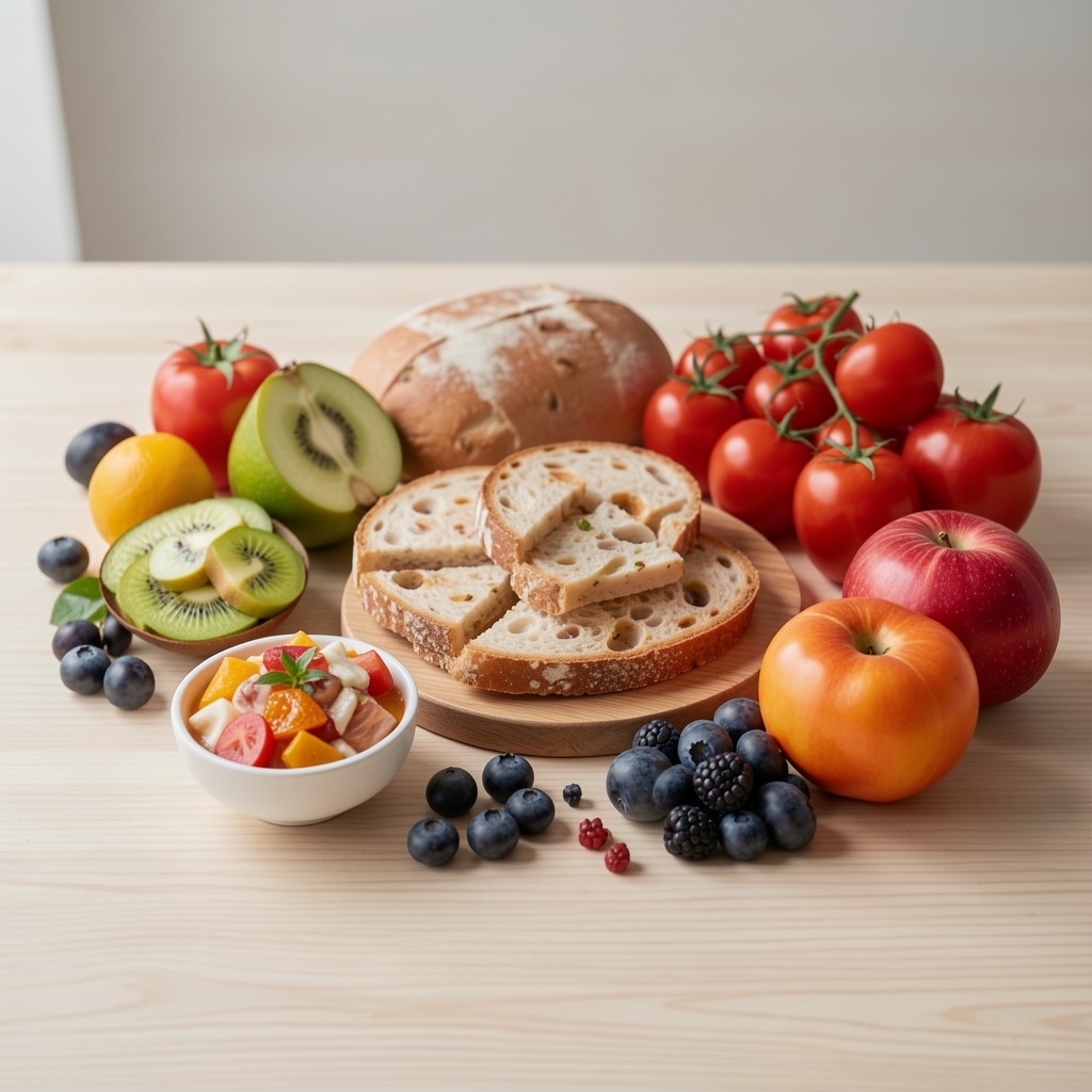 Assortiment de cinq aliments frais disposés sur une table en bois clair