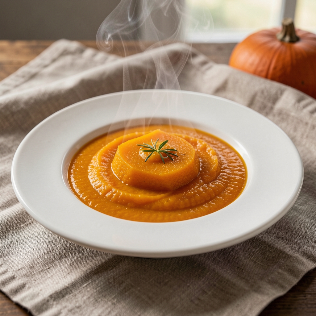 Soupe de potiron fumante servie dans une assiette creuse sur une nappe en lin