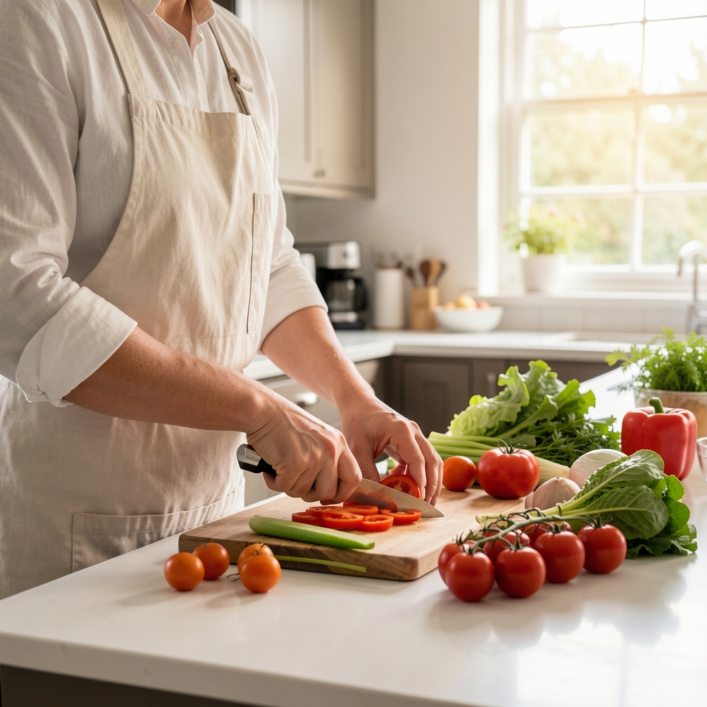 Personne préparant des légumes frais sur un plan de travail lumineux
