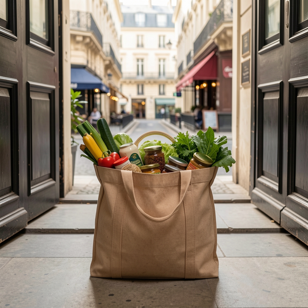 Sac de courses réutilisable contenant produits frais et bocaux dans une entrée parisienne