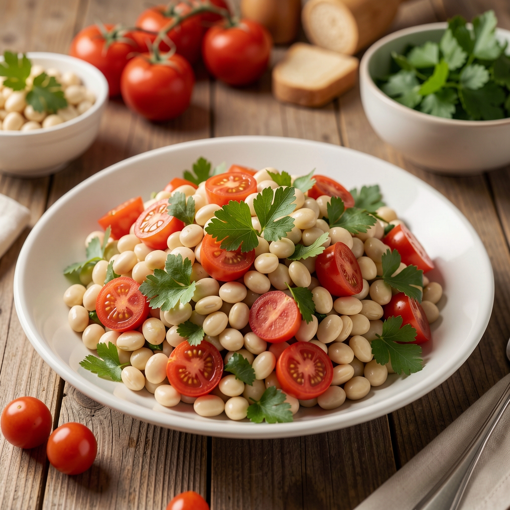 Salade de haricots blancs, tomates et persil dans un plat familial coloré