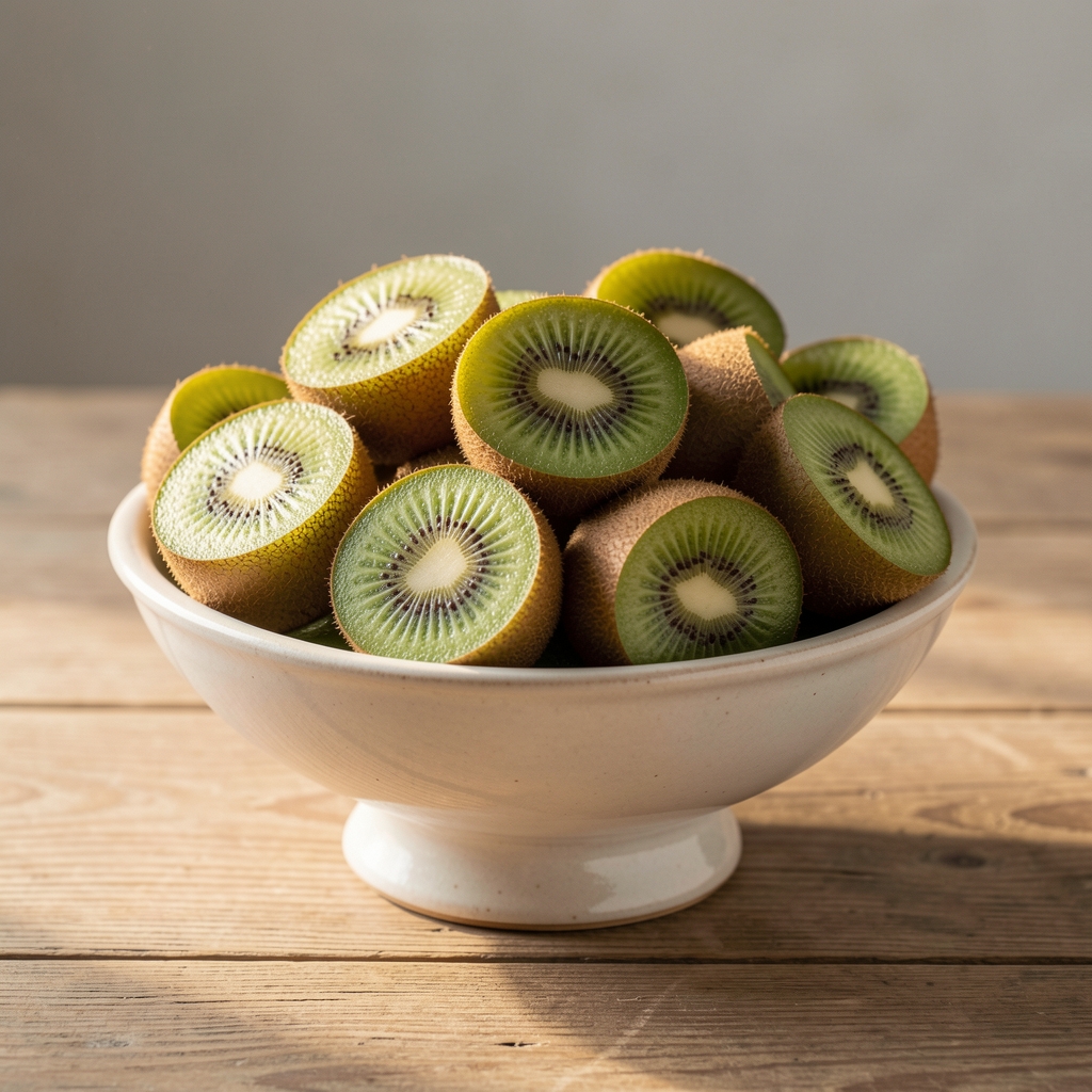 Kiwis coupés et entiers dans une coupe en céramique près d'une fenêtre