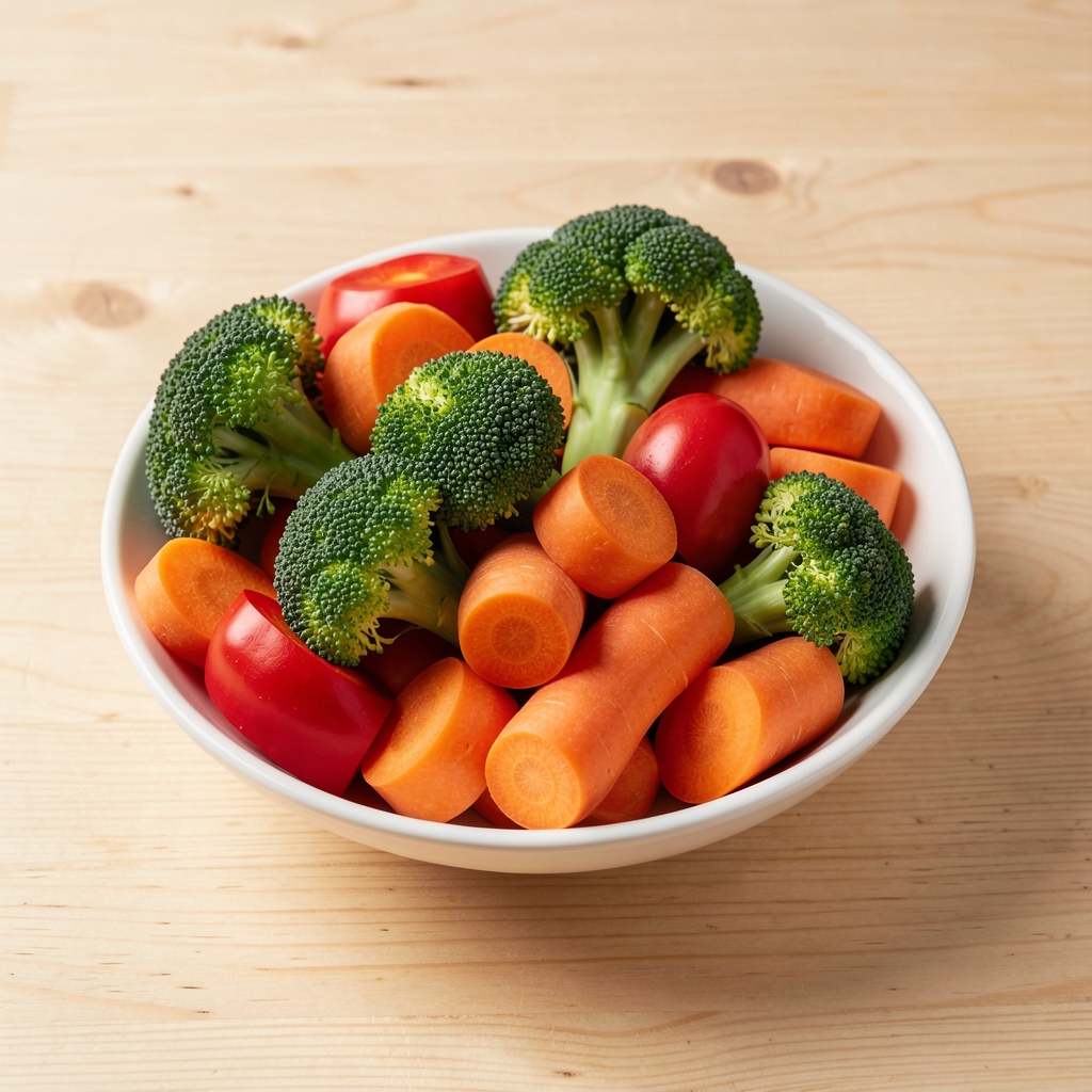 Bol de légumes colorés avec brocoli, poivrons rouges et carottes sur une table en bois clair