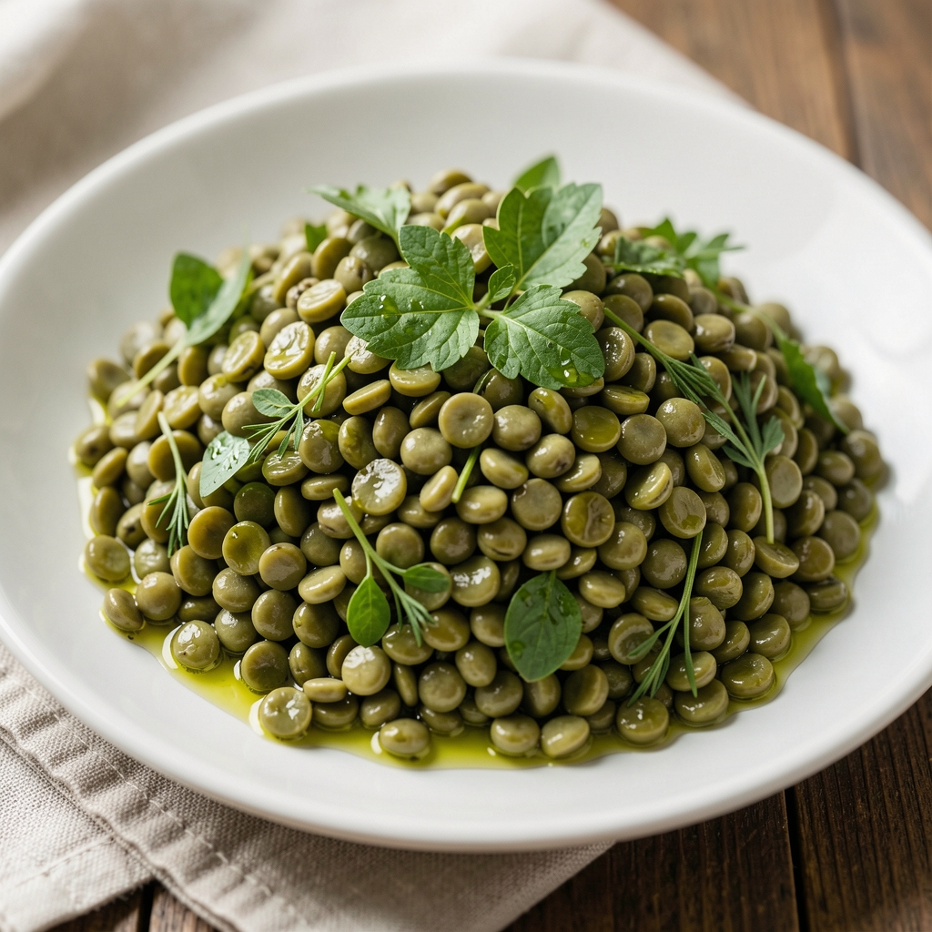 Bol de lentilles vertes cuites avec herbes fraîches et filet d’huile d’olive