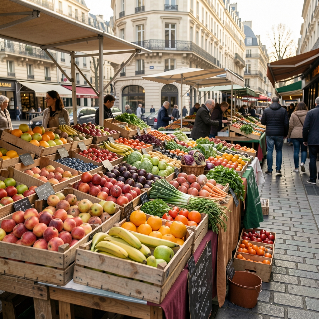 Étal de marché parisien avec fruits et légumes de saison disposés dans des cagettes en bois