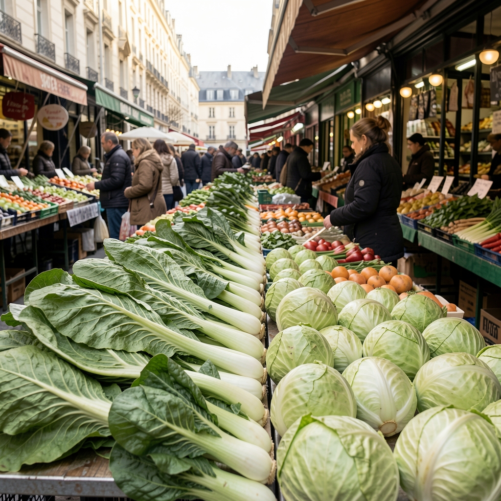 Marché couvert parisien avec étals de fruits et légumes sous une verrière