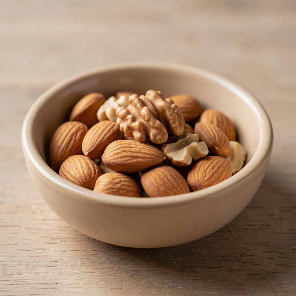 Poignée de noix et d’amandes dans une coupelle en céramique beige