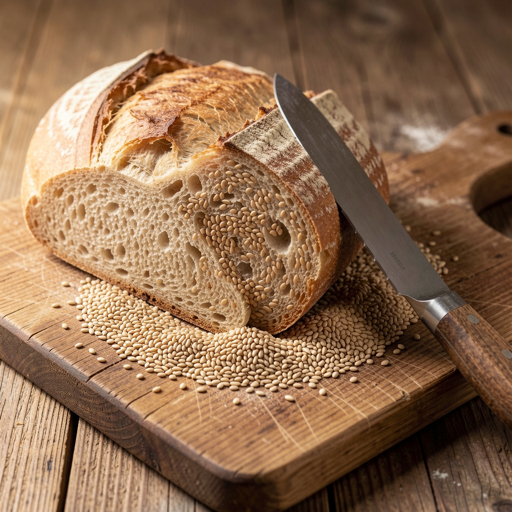 Pain complet tranché avec graines et farine sur une planche en bois claire