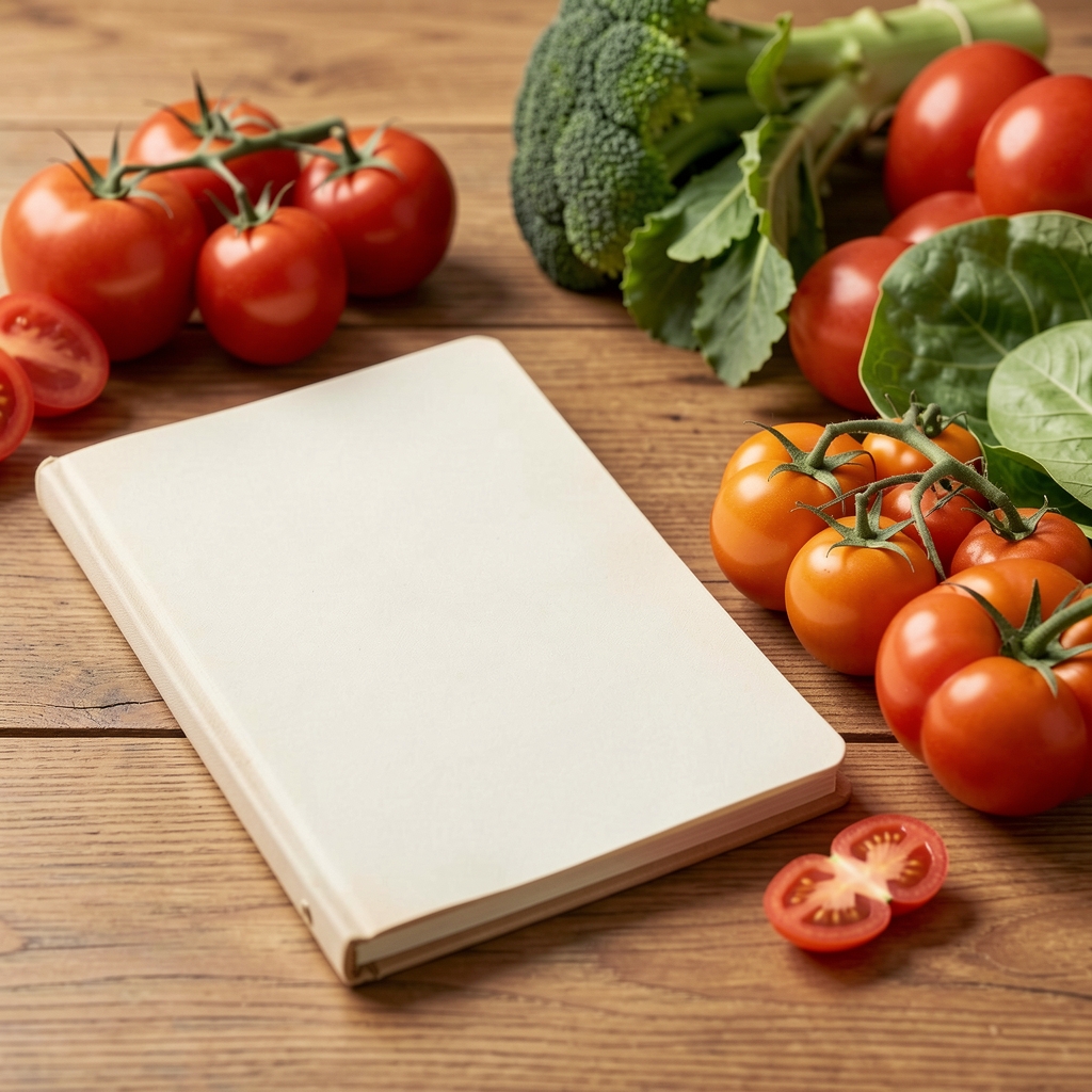 Carnet de planification des repas posé à côté de légumes et d'un panier de courses