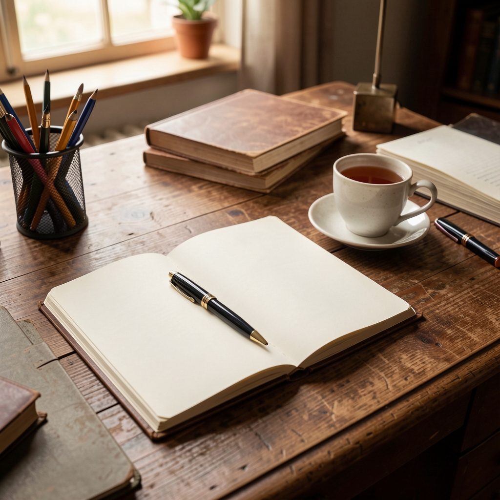 Carnet ouvert, stylo et tasse de thé sur un bureau de rédaction chaleureux