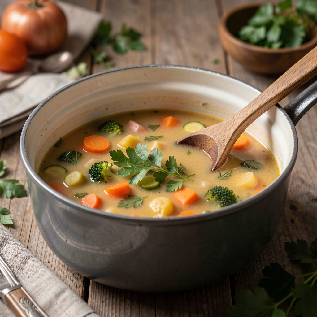 Soupe maison de légumes dans une casserole avec cuillère en bois et herbes fraîches