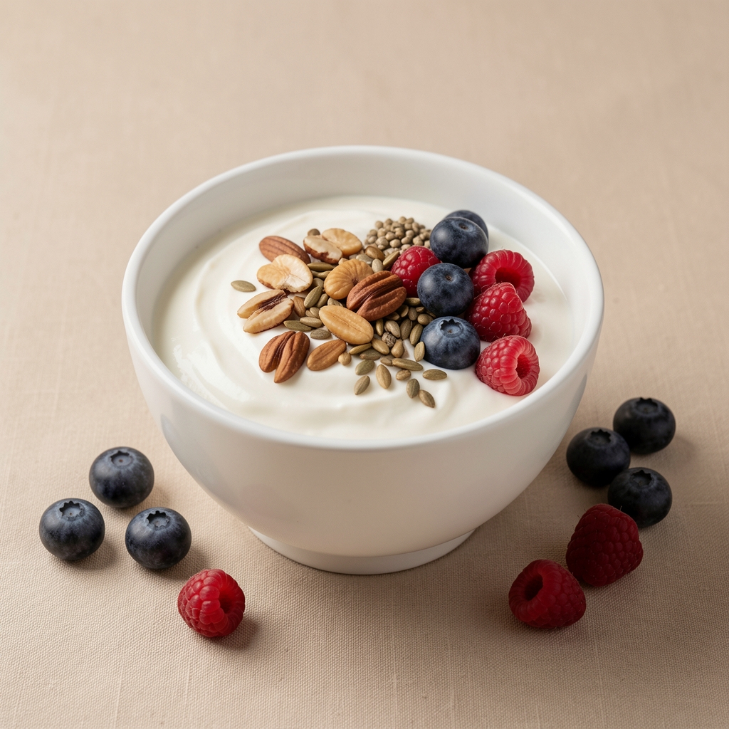 Bol de yaourt nature avec noix, graines et fruits rouges sur une table beige